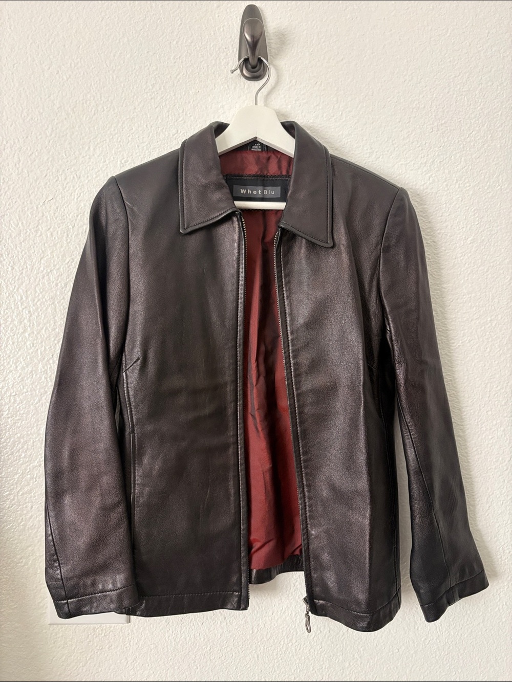Black Metallic Leather Zip Jacket w Red Lining